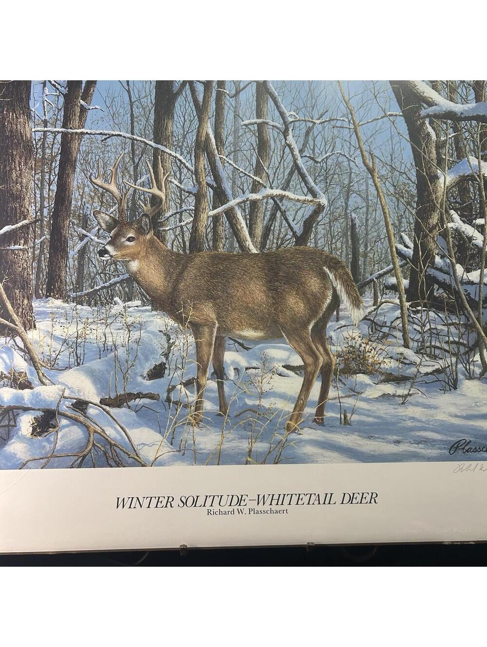 Richard W. Plasschaert "Winter Solitude Whitetail Deer"sign #1590/2200 w/Stamp